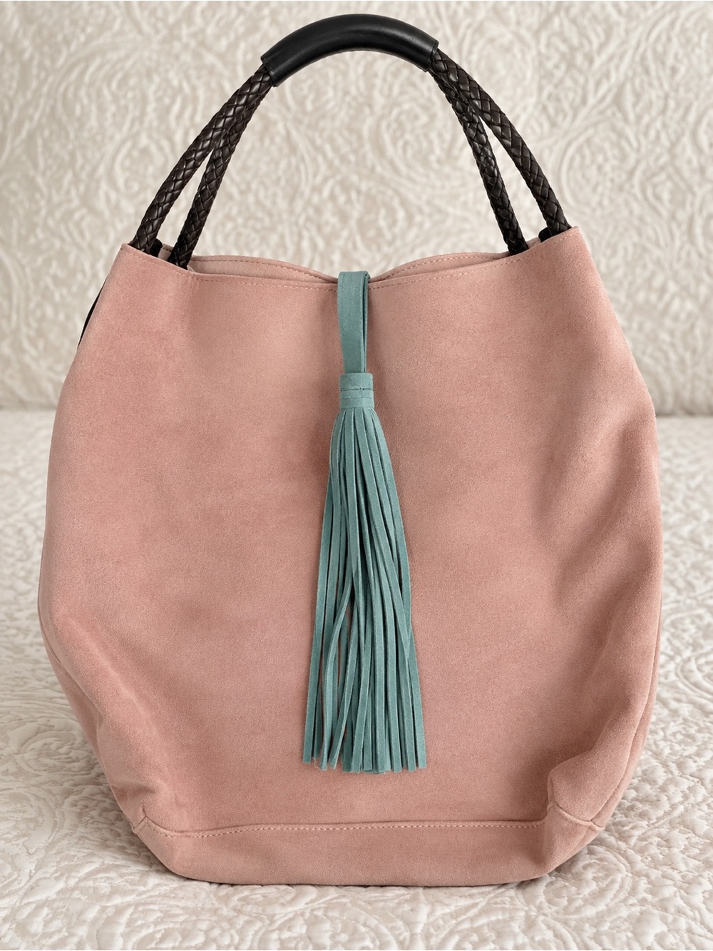 Uno Alla Volta Italian Suede Bucket/Hobo Handbag Blush Pink w/ Turquoise Tassel